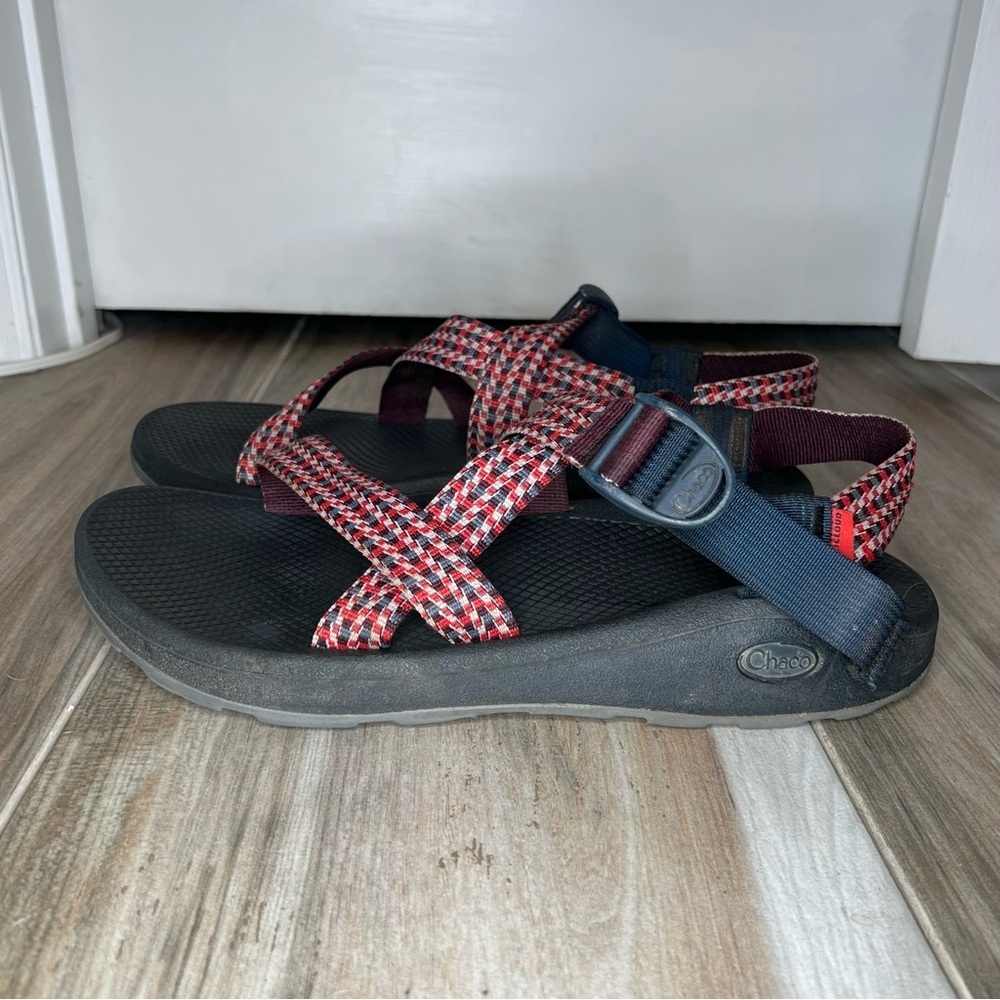 Chaco Z/Cloud Sandals Red White Blue Checkered Straps Navy Buckle Mens 12 - Picture 4 of 10
